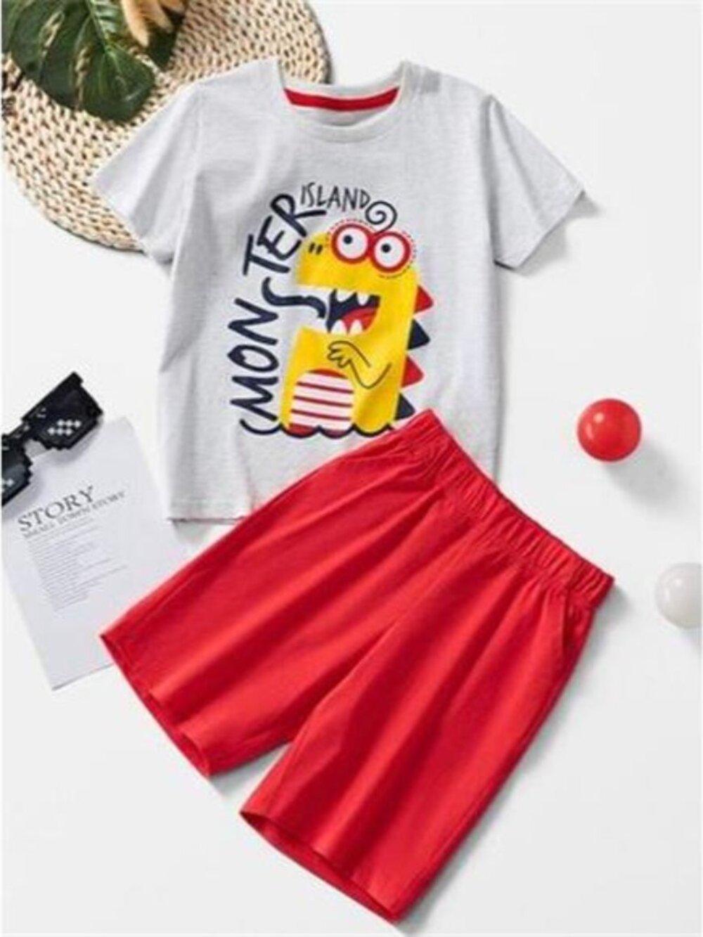Children's Cute Monster Print Tee & Shorts Set